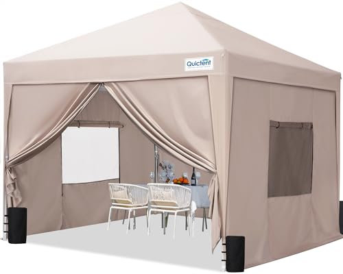 Quictent Pavillon 3x3 mit 4 Seitenteilen, Faltpavillon mit Entlüftung Wasserdicht Stabil Winterfest, Pop up Gartenpavillon mit 4 Sandsäcke und Rollentasche Beige