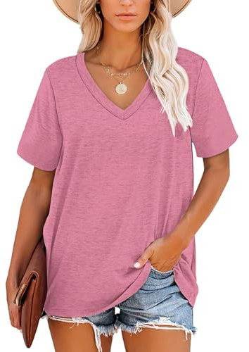 MOLERANI t-Shirts pour Femmes à Manches Courtes col en V Hauts d'été Garniture rayée t-Shirt décontracté en Vrac Rose Clair 2XL
