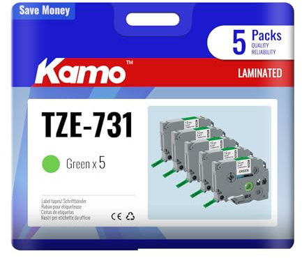 kamo 5x Bänder kompatibel mit Brother P-touch 12mm 0.47 Schriftbänder TZe-731 TZe731 TZ-731 TZ731 Laminated Grün, für Beschriftungsgerät PT-P300BT PT-H100R PT-H110 PT-H110 PT-P700 PT-D410 PT-H200