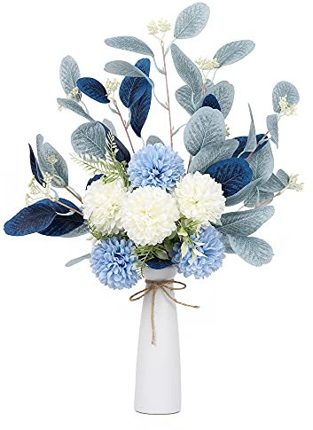 INSUNSIX Blaue und weiße Blumen, künstlich zur Dekoration, blauer Kunstblumen, weißer Blumenstrauß für Vase, Chrysanthemen, Seidenblumen für Heimdekoration, Innenbereich, blau und weiß,