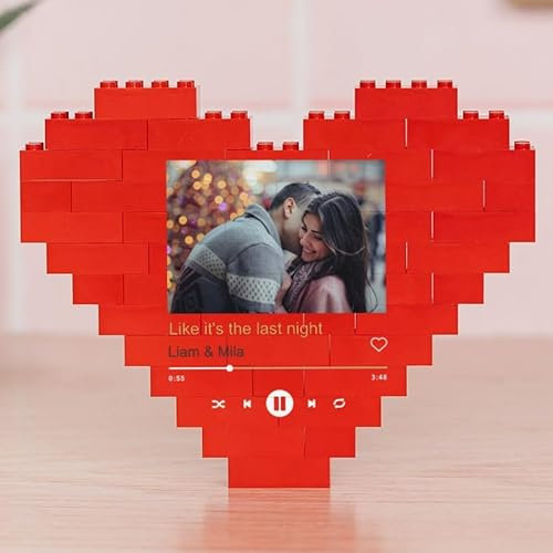Wanapix | Puzzle Block Personalizzato a Forma di Cuore | Mattoncini da Costruzione con Foto e Testo | Regalo Originale di San Valentino | 47 Pezzi | 16 x 12,5cm | Canzone