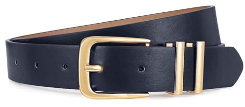 JasGood Damen Ledergürtel für Jeans Hosen Kleider Mode Goldschnalle Damengürtel Damen Leder Gürtel,Marineblau,100cm