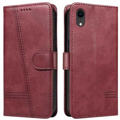 NEXCURIO Handyhülle für Apple iPhone XR Hülle Klappbar mit Kartenfäch Klapphülle Lederhülle Leder Schutzhülle Wallet Flip Case Cover Handy Tasche Handytasche - Weinrot