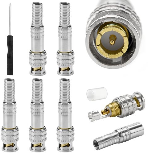 KUOQIY 5 Pezzi Connettori Coassiali BNC Maschio, RG59 RG6 Terminali Coassiali a Vite in Ottone Q9 a Cavo Coassiale RG59, Senza Saldatura BNC Maschio Connettore per Telecamera CCTV, con Cacciavite