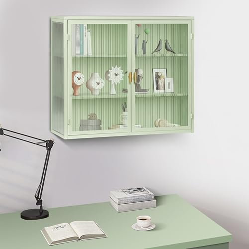 Merax Hängevitrine Glasvitrine Wandschrank Hängeregal Schaukasten, 2 Glastüren, für Esszimmer Küche Wohnzimmer Büro Badezimmer Eingangsbereich, Grün/70x23x60 cm
