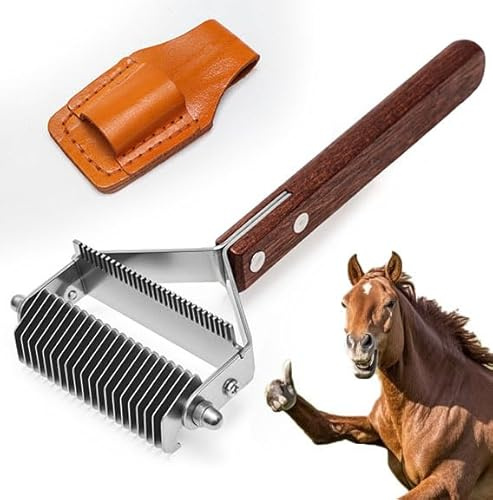 2-in-1 Pferdebürste mit Leder-Kammhalter, 20 Edelstahlklingen und Holzgriff, Entfilzungskamm Hund & Katze für Nutztiere und Haustiere