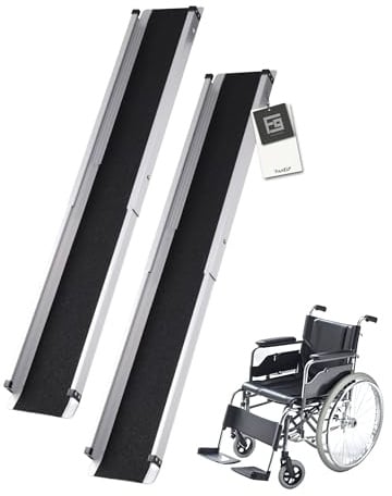 FoundGo 2 STK. Teleskop Rollstuhlrampe [Max. 300kg 98.5/185cm] Aluminium Rampe rutschfeste Teleskoprampe inkl. Tragetasche Auffahrrampe für Manueller Rollstuhl Treppen Fahrrad