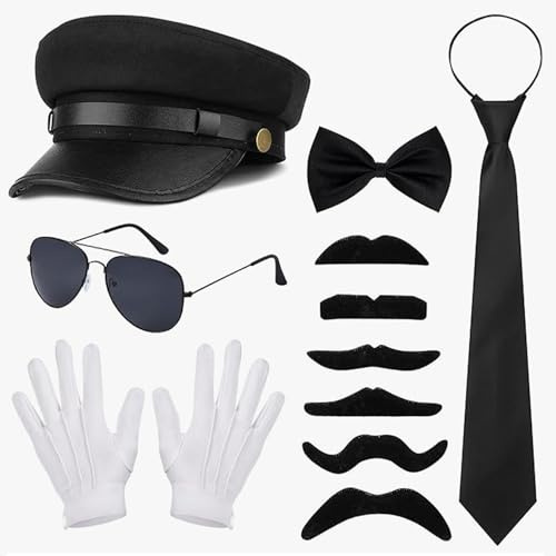 Raveparty 6 Stück Chauffeur Kostüm Zubehör, Chauffeur Mütze, 1980er Gangster Kostüm Zubehör für Karneval Halloween Fasching Cosplay
