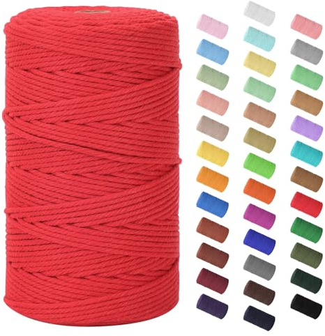 Makramee Garn 3mm x 200m, Baumwollkordel Farbig Baumwollgarn Geflochten Baumwollseil, Natürliche Baumwollschnur für Makramee Wandbehang, Blumenampel, Vorhang und Mehr DIY Deco, Rot