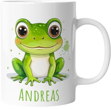 timalo Kindertasse mit Namen | Lustiger grüner Frosch | Personalisierte Keramik Tasse mit Tieren | für Kinder, Jungen & Mädchen – Geschenk, Geburtstagsgeschenk, Namensgeschenke, Kaffeetasse