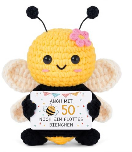 Gleevara 50 Geburtstag Frau - Handgehäkelte Bienenfigur mit Energiekarte | Gleevara 50. Geburtstag Frau, Geburtstagsgeschenk zum 50 Mama Oma, Pocket Hug, Glücksbringer
