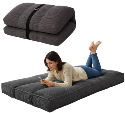 bananair - Futón Japonés Enrollable 1 Persona, Grueso y Cómodo, Fabricado en Francia, Funda Lavable, Cama Plegable de Suelo Práctica – Colchón Plegable, Correa Incluida (90 × 190 cm, Gris Oscuro)