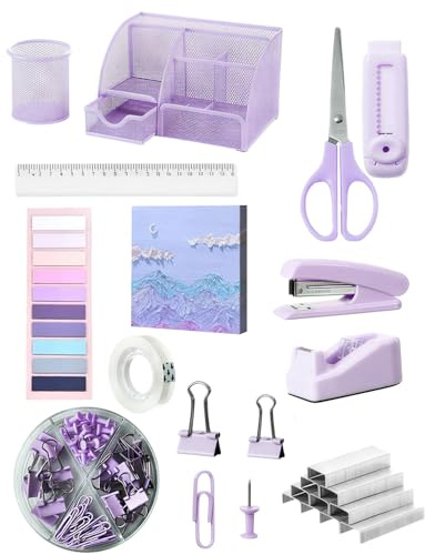 Schreibtisch-Organizer und Bürobedarf-Set, 12-in-1 Schreibtisch-Accessoires mit Stifthalter, Hefter, Clip-Set, Klebebandabroller, Klebeband, Lineal, Schere, Radiergummi, Haftnotizen (Lila)