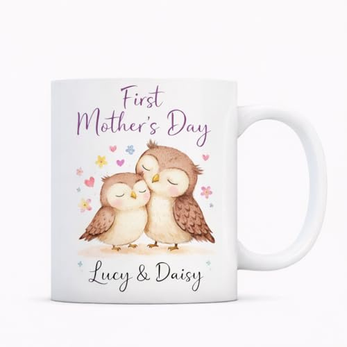 Vacso Trading Personalised First Mother’s Day Mug – Custom Name Owl Coffee Cup | Cute Mum & Baby Owl Design | New Mum Gift | Personalised Mother’s Day Mug with Mother & Child Names