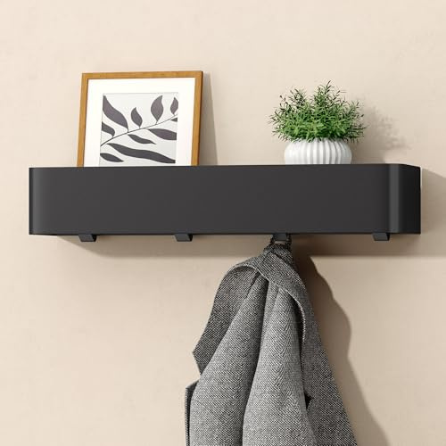 doporro Wandgarderobe mit Ablage, Garderobenleiste schwarz 40 cm, 4 Haken | Garderobenhaken als Jackenaufhänger & Garderobe, Kleiderhaken Wand ohne Bohren oder mit Bohren für Flur, Bad & Küche