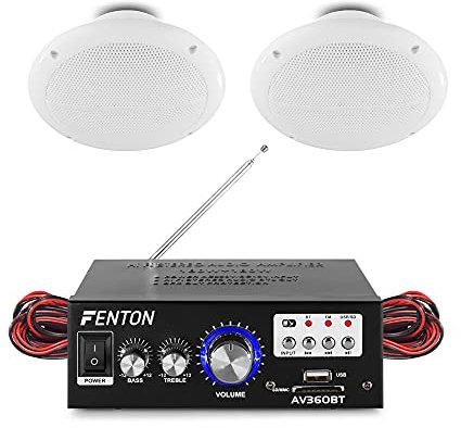 Bluetooth Ceiling Speaker System with Waterproof 5 Speakers, Stereo Amplifier with FM Radio, MP3 USB & Wireless Audio Streaming – Home, Kitchen, Bathroom & Cafe Installation Kit (Pair)