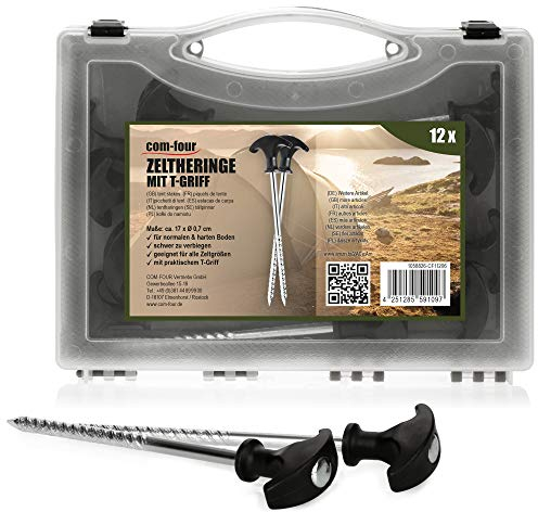 com-four® 12x Zelt-Heringe aus Stahl - robuste Erdnägel mit Gewinde in Transportbox für Camping und Outdoor - ideal für normalen und harten Boden mit T-Griff 170x7mm