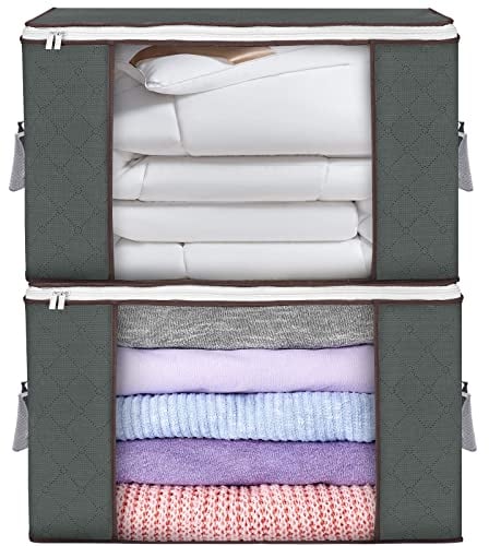 Budding Joy 2 Pack 90L Storage Bags, Large clothes storage bags with Zips Durable Handles Thick Fabric for Clothes, Bedding, Blankets, Comforters and Toys (Gray)