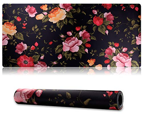Jahosin XXL Gaming Mauspad, Erweitertes Mauspad,genähte Kanten,2mm,rutschfeste Gummibasis,90x40cm,Schreibtischunterlage für Gaming/Büro/Geschäft-90x40 blackroseuk