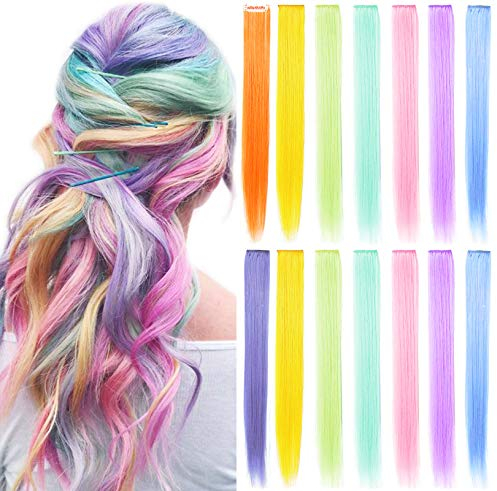MOSCSMDY 14-Stücke Farbige Haarverlängerungen Clip für 20 Zoll Bunt in Haarverlängerungen Gerade Synthetische Haarteile für Cosplay Mode Party Haarzubehör (Mehrfarbige)