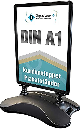 DisplayLager, Dänische Qualität - Schwarzer Plakatständer Wind-Sign | Für Postermass DIN A1 594x841 mm. Robuster Wetterfester Kundenstopper. Standgewicht für hohe Windgeschwindigkeiten und Rollen