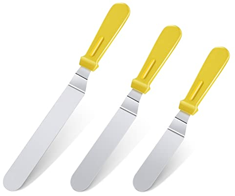 SameTech Lot de spatules coudées en acier inoxydable pour glaçage de gâteaux – Spatules de glaçage de décoration avec poignées jaunes de 15,2 cm/20,3 cm/25,4 cm