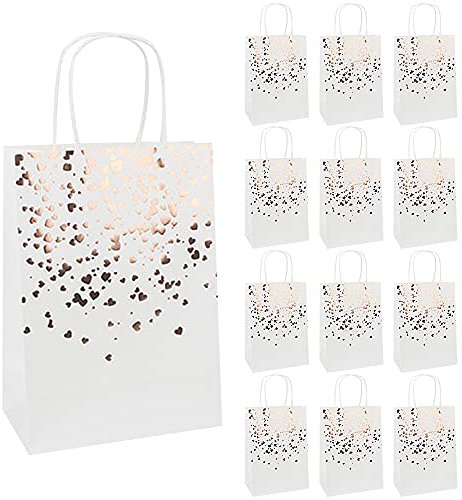 CJBIN Paper Party Bags, 30 Pieces Rose Gold Gift Bag Hen Party Bags Heart Bronzing Rose Gold White Kraft Paper Bags White Paper Bags with Handles for Party Celebrations, Birthday, Wedding