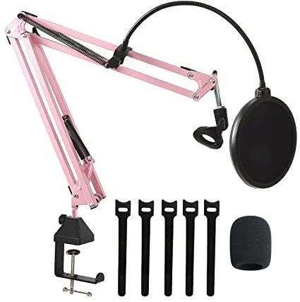 Cicano Microphone Arm Stand, Table Top Video Articulat Boom Scissor Phone Mic Stand Clamp for Radio Broadcasting, Voice-Over, Stage and TV Stations (Pink)