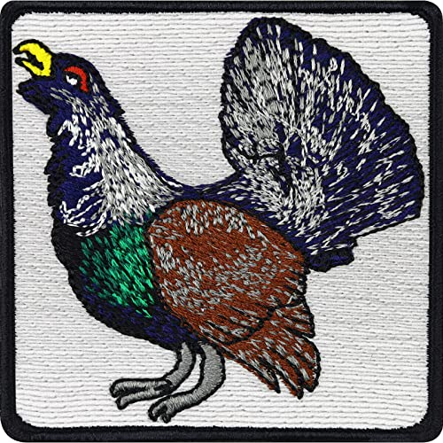AUERHAHN Aufnäher | heimische Tiere Emblem gesticktes Bügelbild Auerhahn Patch Jäger Aufbügler Wild Jagd Naturfreunde Abzeichen mit Stickerei Bügelflicken für Rucksack, Jacken, Westen | 70x70mm