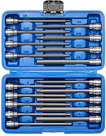 Mayouko 3/20.3 cm Drive Extra Long Inbus-Sechskant-Bit-Steckschlüsselsatz, S2&CR-V, Metreic&SAE, 18-teilig, 1/20.3 cm-3/20.3 cm, 3-10 mm