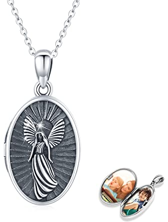JFASHOP Schutzengel Medaillon Kette 925 Sterling Silber Engel Maria Foto Jesus Amulett Personalisierte Halskette Zum Öffnen für Bilder Foto, Engel Schmuck für Damen Mädchen
