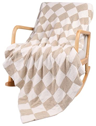 QQP Karierte Überwurfdecke, weiche, gemütliche Mikrofaser, wendbar, Schachbrettmuster, flauschige Überwurfdecke, 152,4 x 178,8 cm, Decke für Zuhause, Bett, Couch, Kamelbraun und Weiß