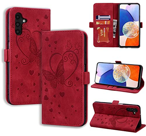 CASAFUNY Handyhülle für Samsung Galaxy A14 5G Hülle, PU Leder Tasche Cover Samsung A14 mit Kartenfach Flip Case Magnetisch Klapphülle Schutzhülle für Samsung Galaxy A14 5G, rot