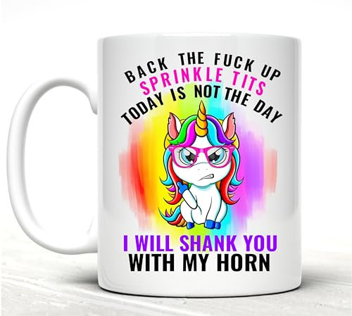 Novelty Unicorn Mug - Back The Fuck Up Sprinkle Tits - Adult Humour Funny Sarcastic Ceramic Coffee Cup (White)
