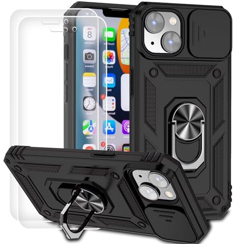 Dechyi für iPhone 14 6.1 Zoll Hülle mit Panzerglas Schutzfolie SchutzZoll Hülle mit Kameraschieber Case 360° Drehbarer Militä Ständer Stoßfest Cover-Schwarz