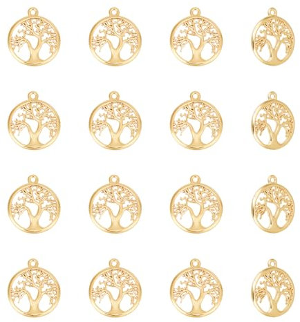 HOBBIESAY 16 pz 18k Placcato Oro Albero Della Vita Ciondoli Amuleto Braccialetto Collana Orecchini Portachiavi Rotondo Metallo Albero Della Vita Ciondolo Fai Da Te Creazione di Gioielli Portachiavi