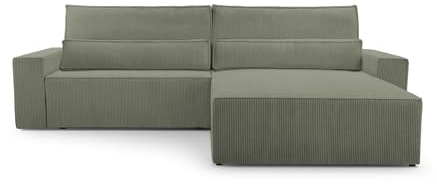 Ecksofa Denver L – Ottomane beidseitig montierbar, Ecksofa aus Cord, Couch für Wohnzimmer, Schlafsofa Sofagarnitur Eckcouch L-Form Cordstoff mit Bettkasten und Schlaffunktion (Poso 46 - Oliv)