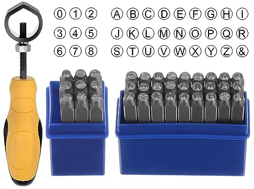 sourcing map 36pcs Metal Stamping Kit 1/8 (3mm) (A-Z, 0-8, & Symbol) Steel Letter Punch Press Tool with Holder to Stamp on Metal, Plastic, Wood, Leather, Silver