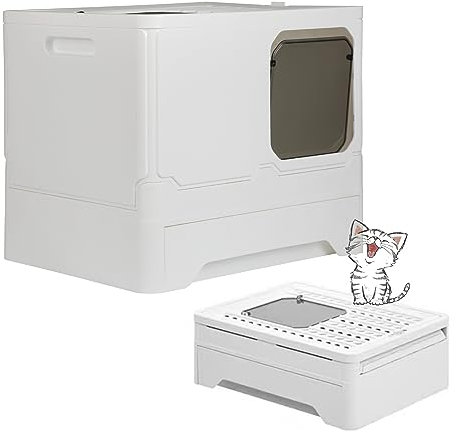 MINGYI Bac à Litière pour Chat Fermée, Grande Maison de Toilette Chat Pliable avec Couvercle, Tiroir à Litière avec Pelle, WC pour Chats, Jusqu'à 7 kg (Blanc L 45×35×38 cm)