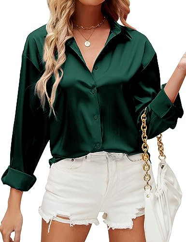 HANERDUN Chemisier pour Femmes Manches Longues Chemise à col en V La Soie Élégante Casual Tops Chemisier uni de Travail à Boutons sur Le Devant Top de Soirée Business