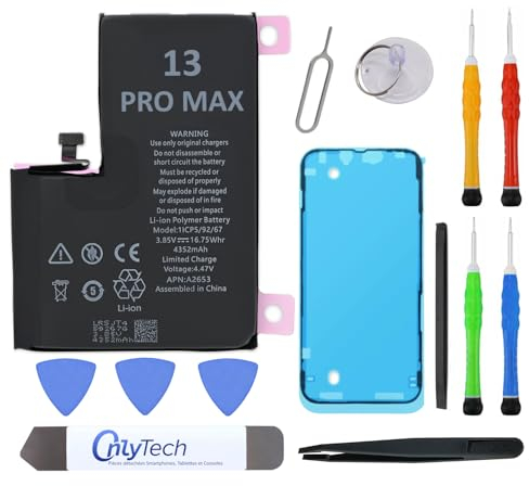 OnlyTech Premium-Ersatzakku für iPhone 13 Pro Max – 4352 mAh, identisch mit dem Original, Set mit 12 professionellen Werkzeugen und Displayschutz inklusive