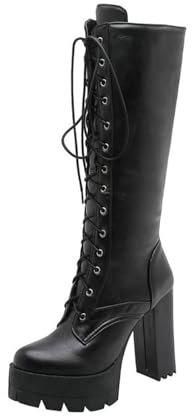 11CM/4.33IN Stivali Lunghi Tacchi Alti Tallone Spesso Cavaliere Stivali Lace-Up Sexy Nightclub Pole Dance High Heel Stivali al Ginocchio,Nero,36 EU