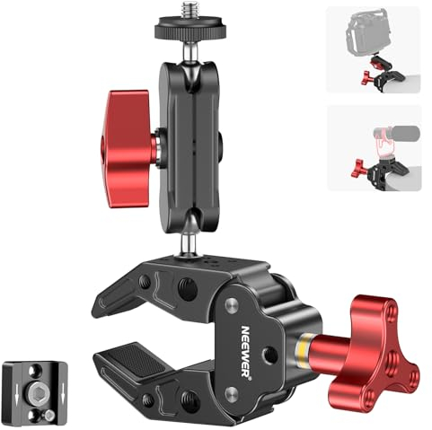 NEEWER Super Klemme mit Edelstahl Doppelkugelkopf Magische Arm Cold Shoe, 1/4 3/8 Gewinde für Action Kamera Klemmhalterung, kompatibel mit SmallRig Zubehör GoPro Hero13 12, Max Last 2,2kg, UA023