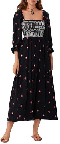 Women's Flower Embroidered Maxi Dress Long Puff Sleeve Square Neck Smocked Tiered Bohemian Flowy Dress Beach Long Dress (A-Black, S)