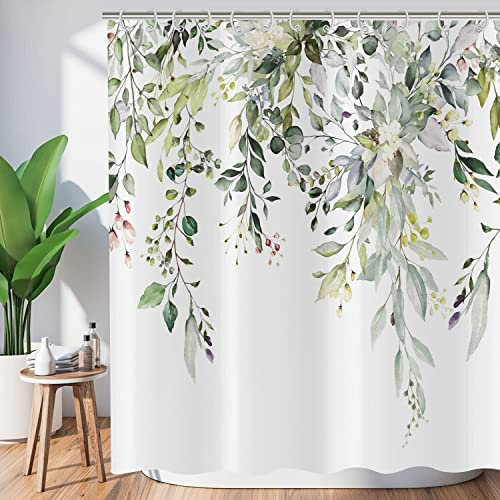 ASDCXZ Blätter Duschvorhang 180x240 cm, Frühling Einfachheit Grün Blätter Rose Weiß Blumen Bad Waschbar Duschvorhänge Polyester Textil Wasserdicht Badevorhang für Badewanne mit 12 Haken
