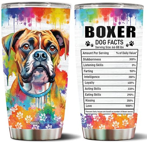WONWIX Gifts for Boxer Lovers 20 Oz Stainless Steel Tumbler Travel Coffee Mug Birthday Christmas New Year Thanksgiving Easter Gift Ideas for Dog Lovers Owners Boxers Mom Funny Facts Water Bottle