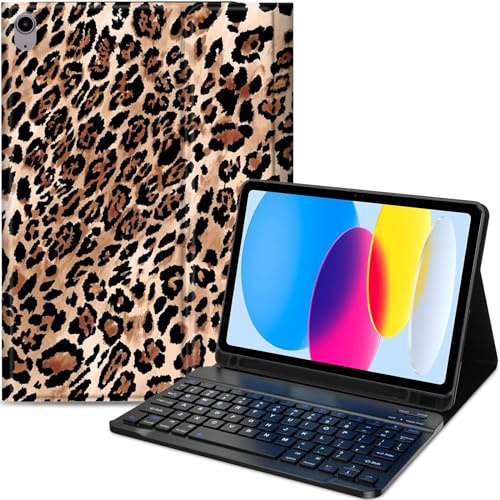 Qindaiwen Custodia per tastiera per iPad 10a generazione 11,9 pollici 2022, tastiera Bluetooth staccabile con cavalletto Folio, sottile e leggera per nuovo iPad 10a generazione 2022, stampa leopardata