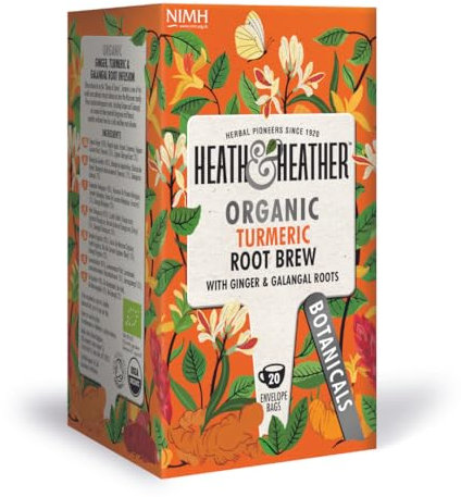 Heath & Heather - Organic Turmeric Root Brew Tea with Ginger & Ashwagandha • Adaptogenic Blend • Caffeine-Free • Vegan • Anti-Inflammatory Herbal Infusion • 20 Tea Bags