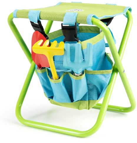 Little Roots | Outdoor Gardening Tools with Folding Chair, Kids Garden Set, 3pcs Wooden Tools for Ages 3+