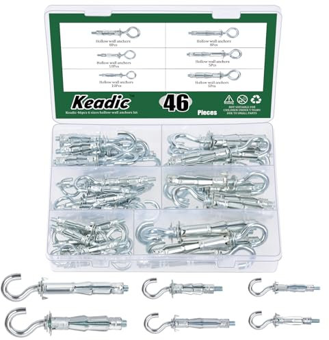 Keadic Assortiment de 46 vis d'ancrage pour mur creux de 6 tailles, M4 x 32, M4 x 38, M5 x 37, M5 x 52, M6 x 52, M6 x 65, boulons Molly robustes en acier plaqué zinc pour fixation de plaques de plâtre